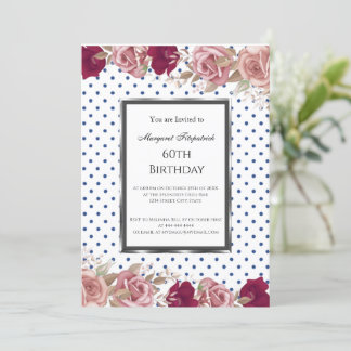 Polka Dots Red Pink Roses Birthday White Invitation