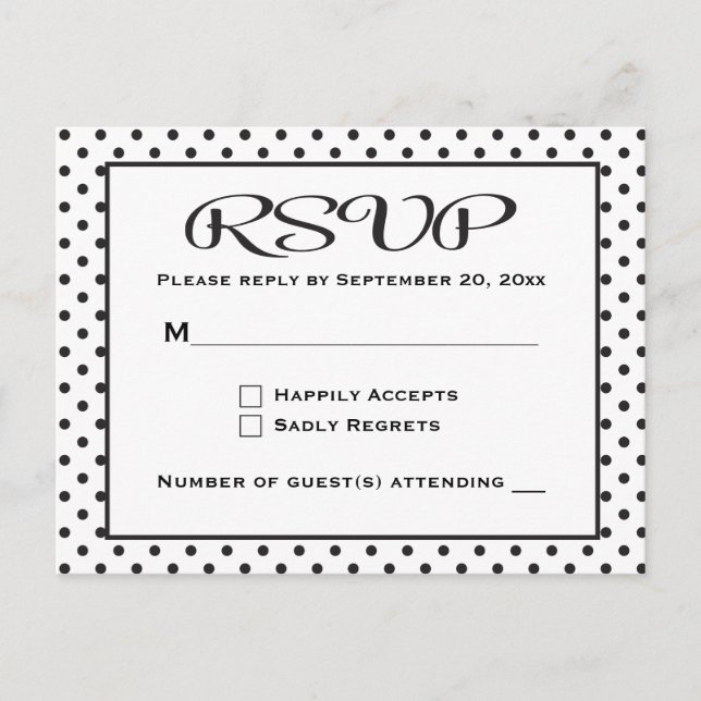 Polka Dots RSVP Black And White Wedding / Party Invitation Postcard (Front)