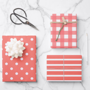 Polka Dots, Stripes and Gingham Patterns in Coral Wrapping Paper Sheet