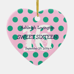 Polka Dots Sweet 16 Birthday V05A PINK GREEN Ceramic Tree Decoration