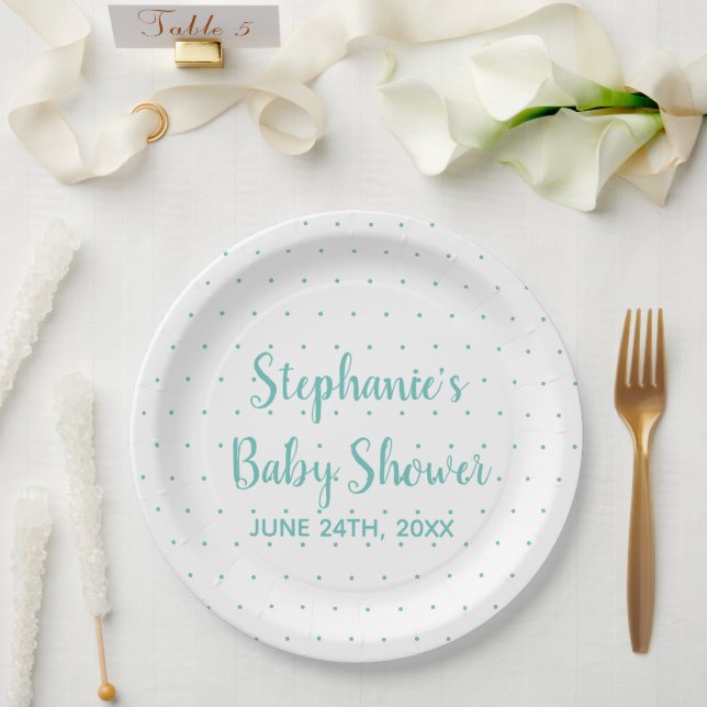 Polka Dots Teal Blue White Boy Girl Baby Shower Paper Plate (Wedding)