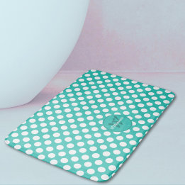 Polka Dots Turquoise & White Initial Family Name Bath Mat