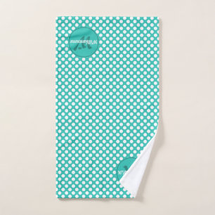 Polka Dots Turquoise & White Monogram Family Name Hand Towel