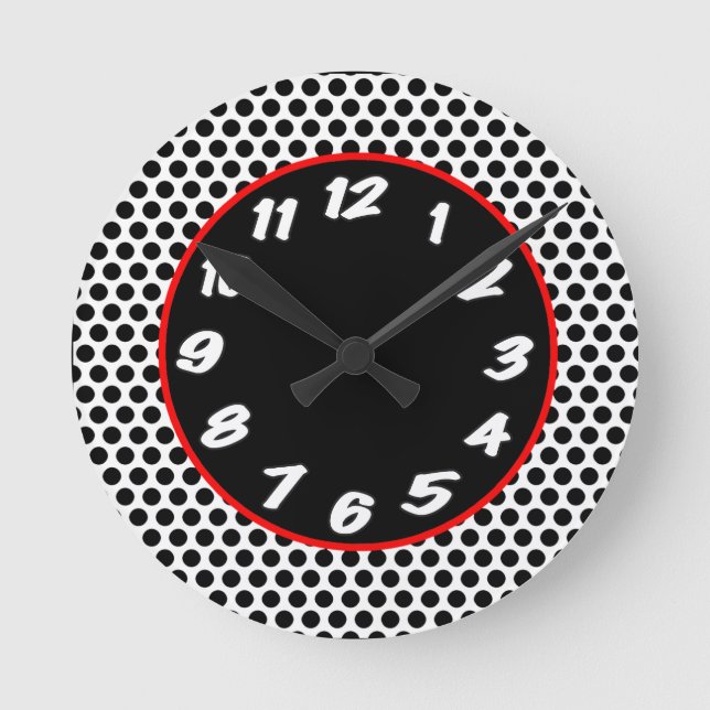 Polka Dots- White Black & Red Round Clock (Front)