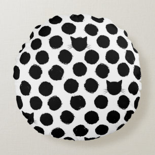 Polka Dots with Cat Faces: Playful Vintage. Round Cushion