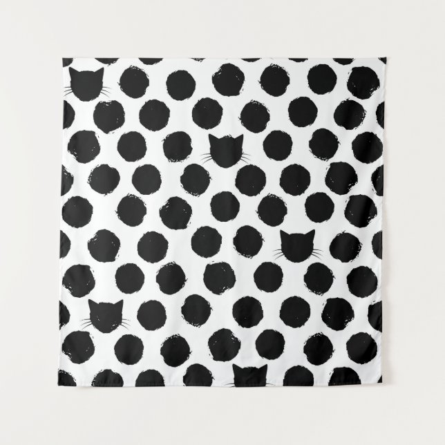 Polka Dots with Cat Faces: Playful Vintage. Tapestry (Front)