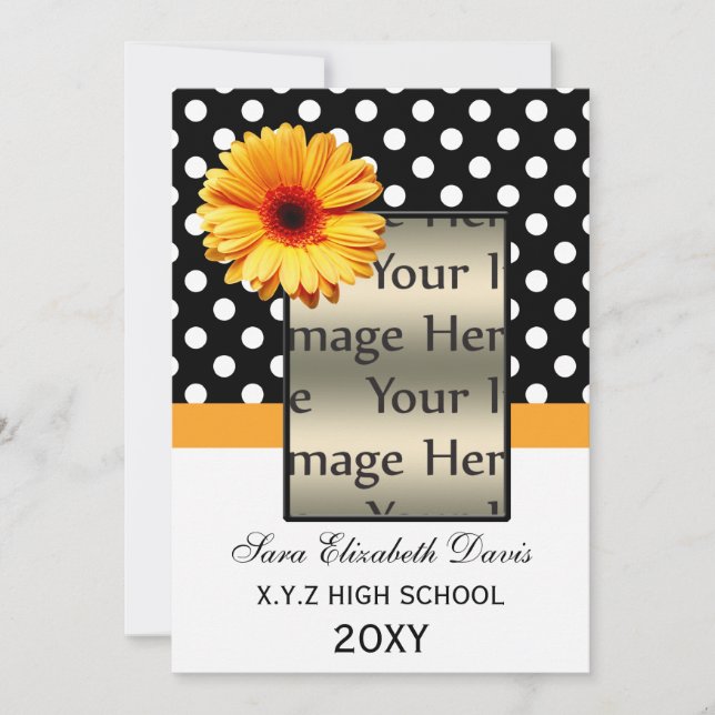 polka dots yellow daisy Graduation photo Invites (Front)