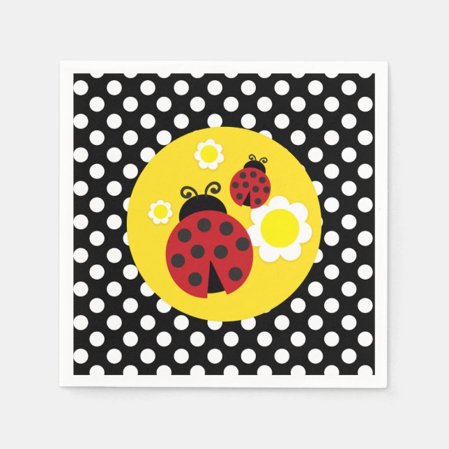Polka Dots Yellow Flowers Red Ladybug Baby Shower Napkin (Front)