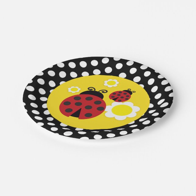 Polka Dots Yellow Flowers Red Ladybug Baby Shower Paper Plate (Angled)