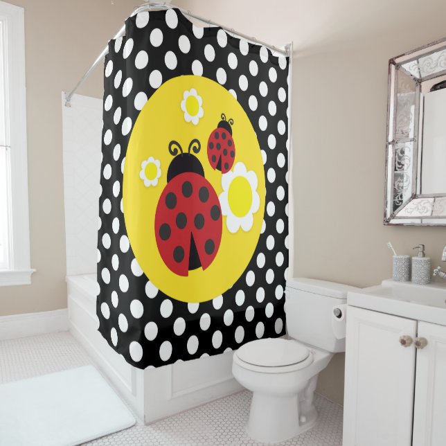 Polka Dots Yellow Flowers Whimsical Red Ladybug Shower Curtain (In Situ)