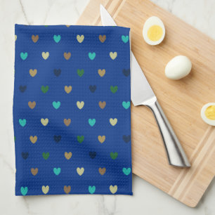 Polka hearts in peacock blue shades tea towel