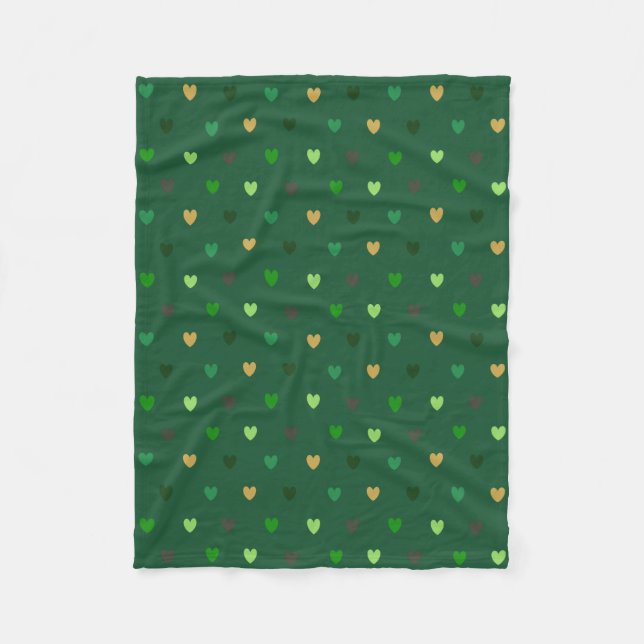 Polka hearts on forest green fleece blanket (Front)