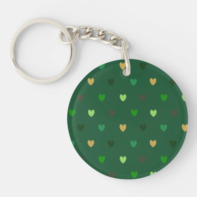 Polka hearts on forest green key ring (Front)