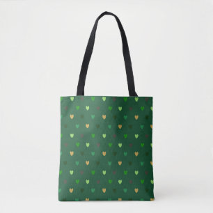 Polka hearts on forest green tote bag