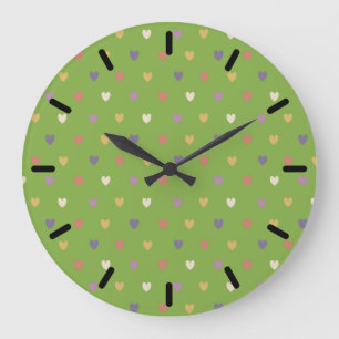 Polka hearts on greenery green large clock