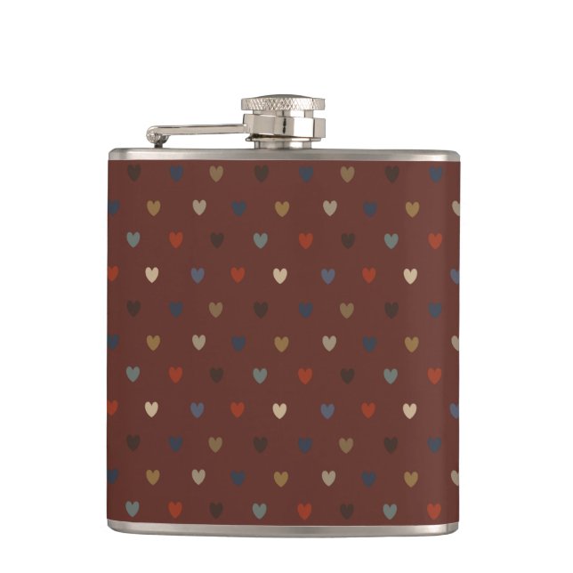 Polka hearts on kilim brown hip flask (Front)