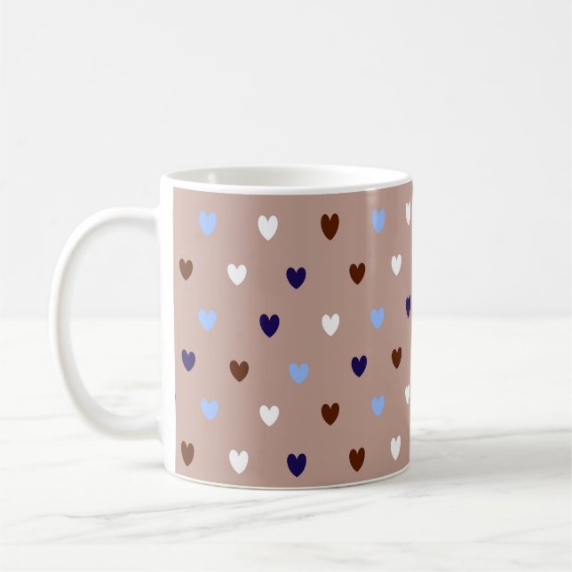 Polka hearts on pale brown coffee mug (Left)