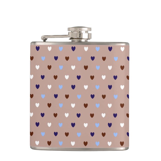 Polka hearts on pale brown hip flask (Front)