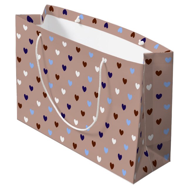 Polka hearts on pale brown large gift bag (Back Angled)