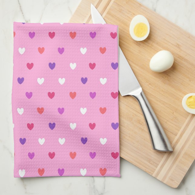 Polka hearts on pink tea towel (Quarter Fold)