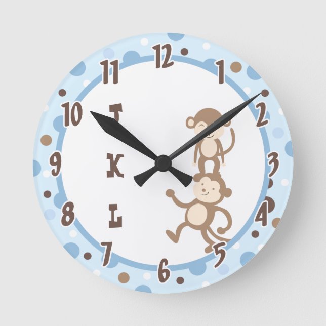 Polkadot Blue Funky Monkey Dancing Jungle Clock (Front)