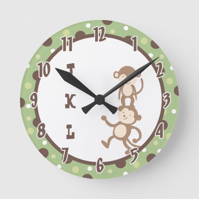 Polkadot Green Funky Monkey Dancing Jungle Clock (Front)