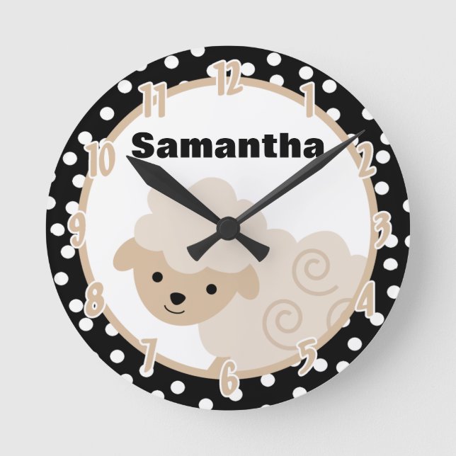 Polkadot Neutral Tan Country Farm Sheep Lamb Clock (Front)