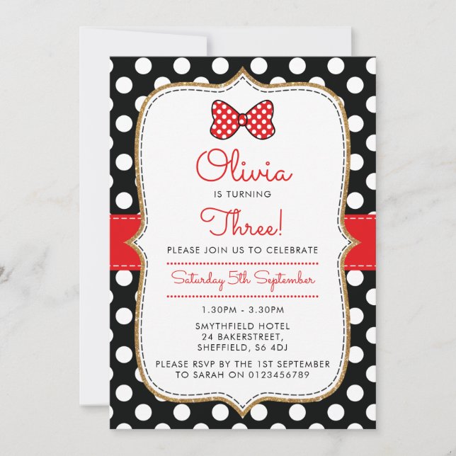 Polkadot themed birthday party invitation (Front)