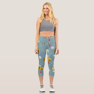 Pollinating Bees, Flowering Garden Scene. Capri Leggings
