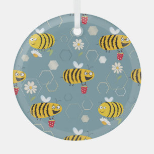 Pollinating Bees, Flowering Garden Scene. Glass Tree Decoration