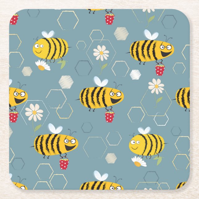 Pollinating Bees, Flowering Garden Scene. Square Paper Coaster (Front)