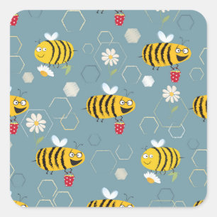 Pollinating Bees, Flowering Garden Scene. Square Sticker