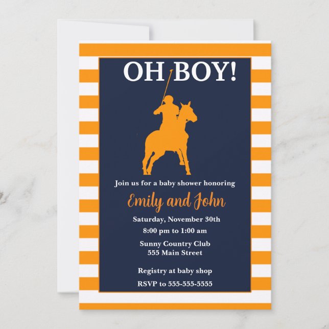 Polo baby shower invitation blue orange (Front)