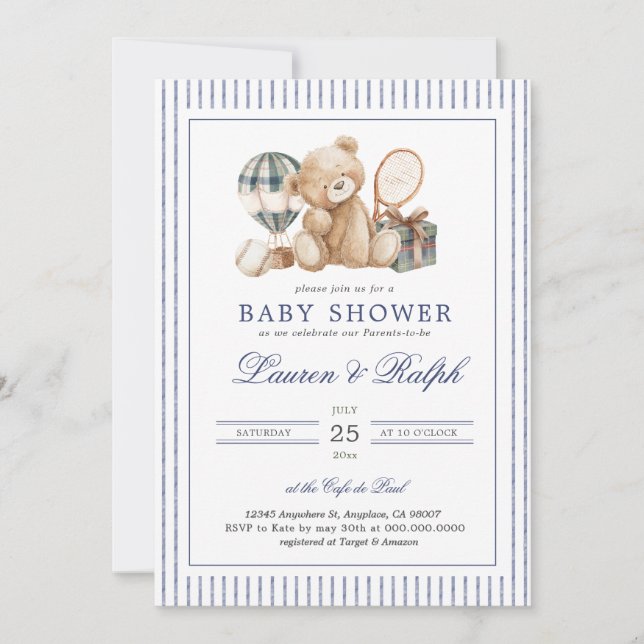 Polo Bear Baby Shower Preppy Boy Plaid Baby Shower Invitation (Front)
