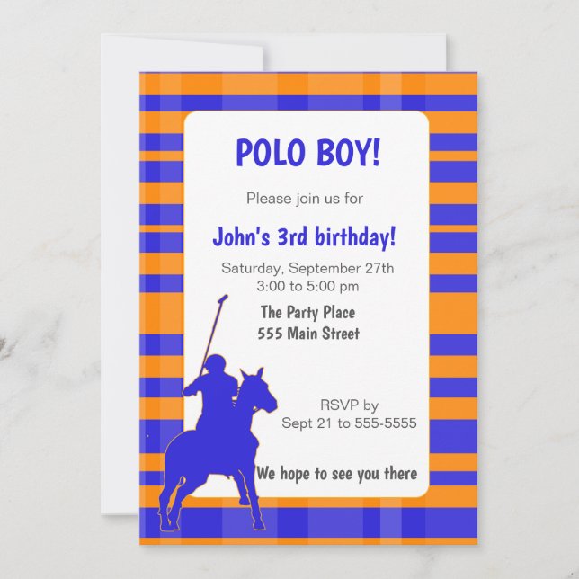 Polo Boy Birthday Invitation Royal Blue Orange (Front)