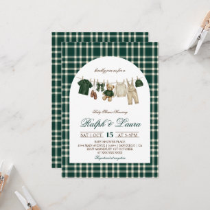 Polo Plaid Teddy Bear Green Boy Baby Shower Invitation