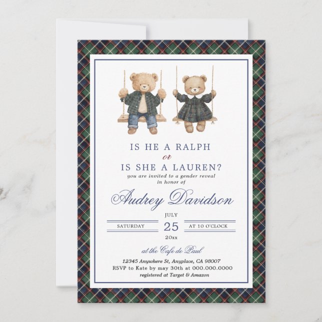 Polo Ralph Lauren Gender Reveal Tartan Plaid Invitation (Front)