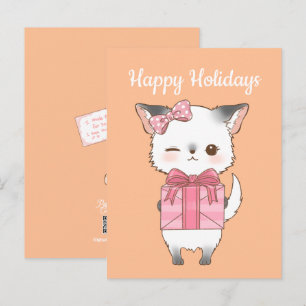 Poly-Pom Happy Holidays Grey and White Pomchi Girl Postcard