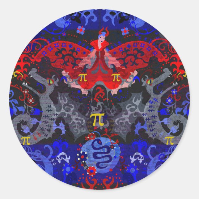 Polyamory Dragon Damask in Poly Pride Flag Colours Classic Round Sticker (Front)