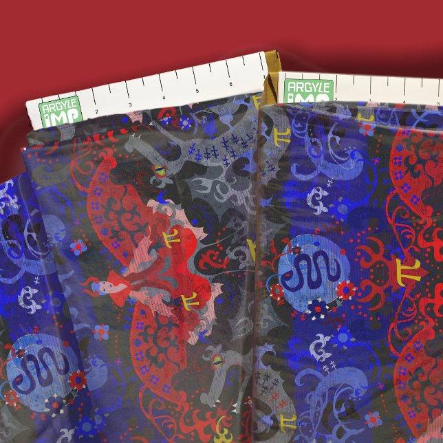 Polyamory Dragon Damask in Poly Pride Flag Colours Fabric (close-up with ruler)
