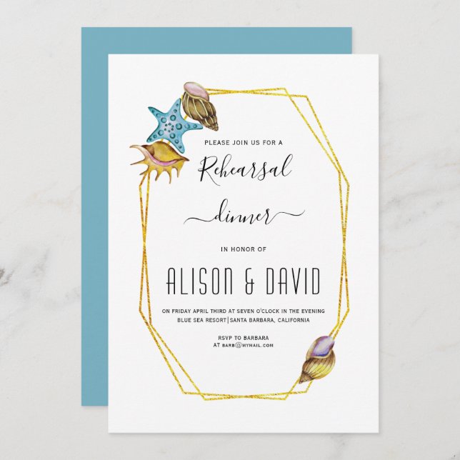 Polygon, seashells beach wedding rehearsal dinner invitation (Front/Back)