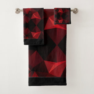 Polygonal , black and red bath towel set