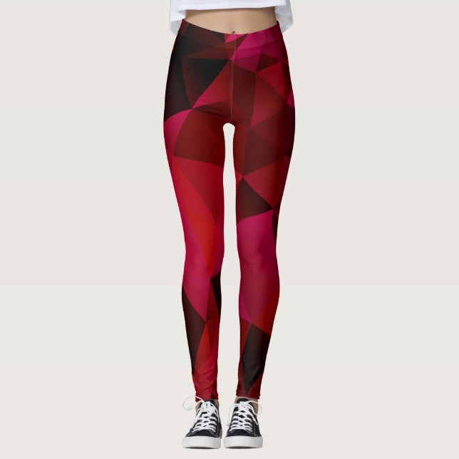 Polygonal geometrical triangles red print leggings (Front)