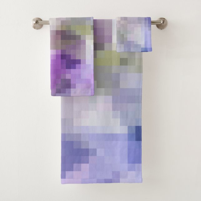 Polygonal geometrical violet purple blue pixel squ bath towel set (Insitu)