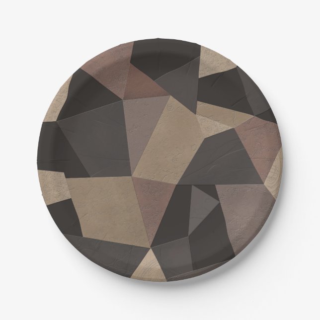 Polygonal triangles geometrical print brown colour paper plate (Front)