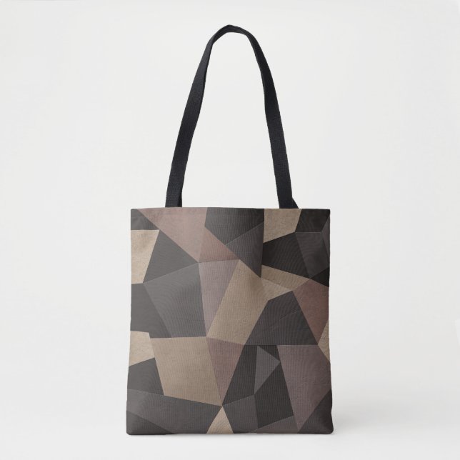 Polygonal triangles geometrical print brown colour tote bag (Front)