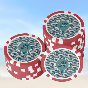 Polynesian Beach Waves and Flowers Ocean Pattern Poker Chips