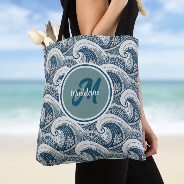 Polynesian Beach Waves and Flowers Ocean Pattern Tote Bag (Creator Uploaded)