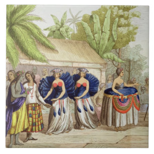 Polynesian Dancing Girls, engraved by A. Bernati ( Tile