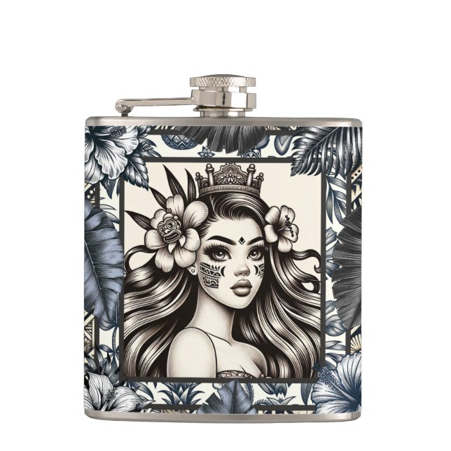 Polynesian Princess Blue Floral Tribal Hip Flask (Front)